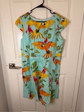 Audrey K Tropical Parrot Print Shift Dress in Aqua & Yellow
